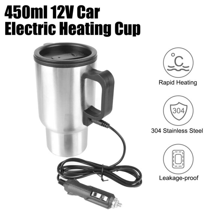 Electric Heating Car Kettle Water Coffee Milk Thermal Mug Camping Travel Kettle Stainless Steel Vehicle Heating Cup - Image 1