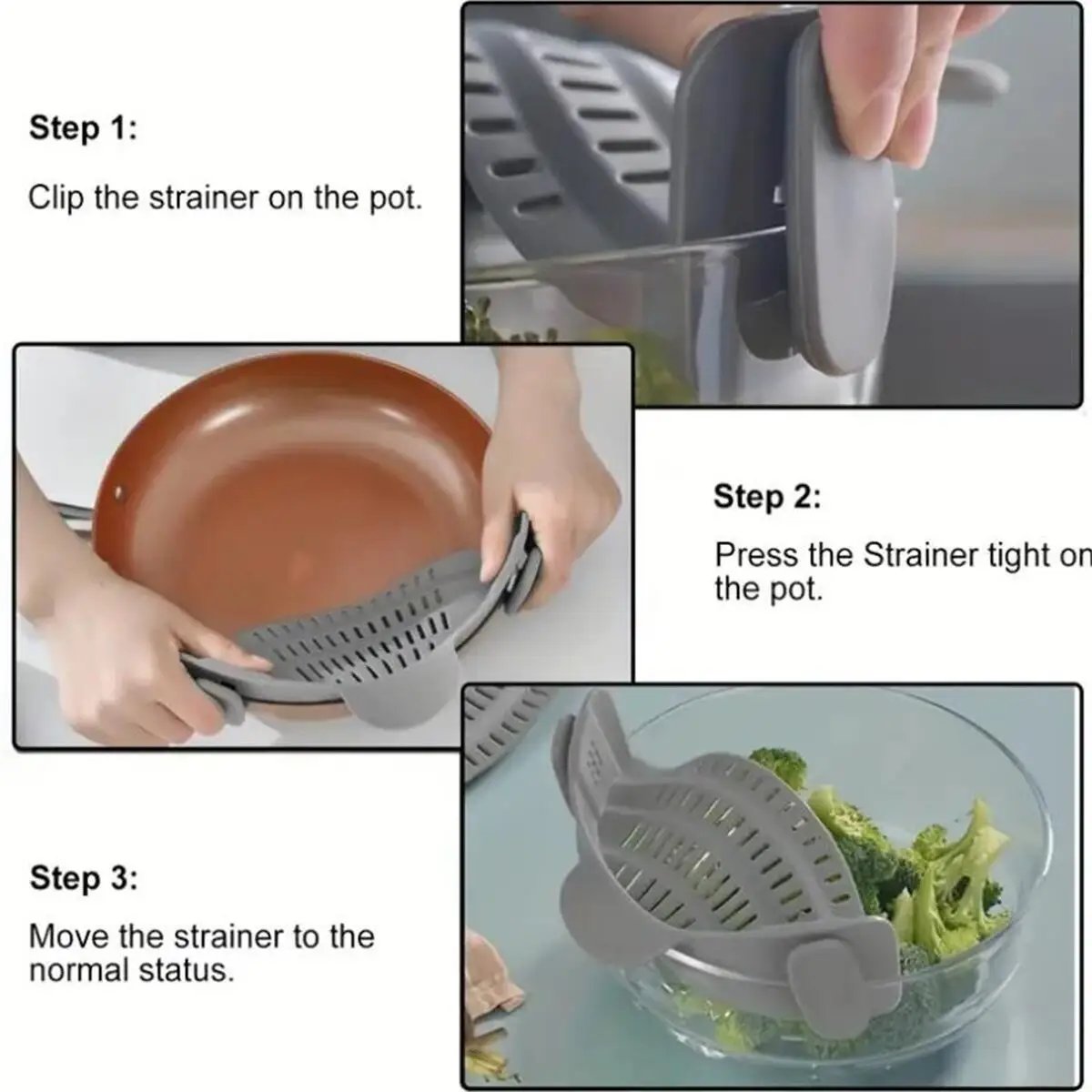 Adjustable Silicone Clip-On Strainer for Pots, Pans, and Bowls - Handheld Drainer for Noodles, Pasta