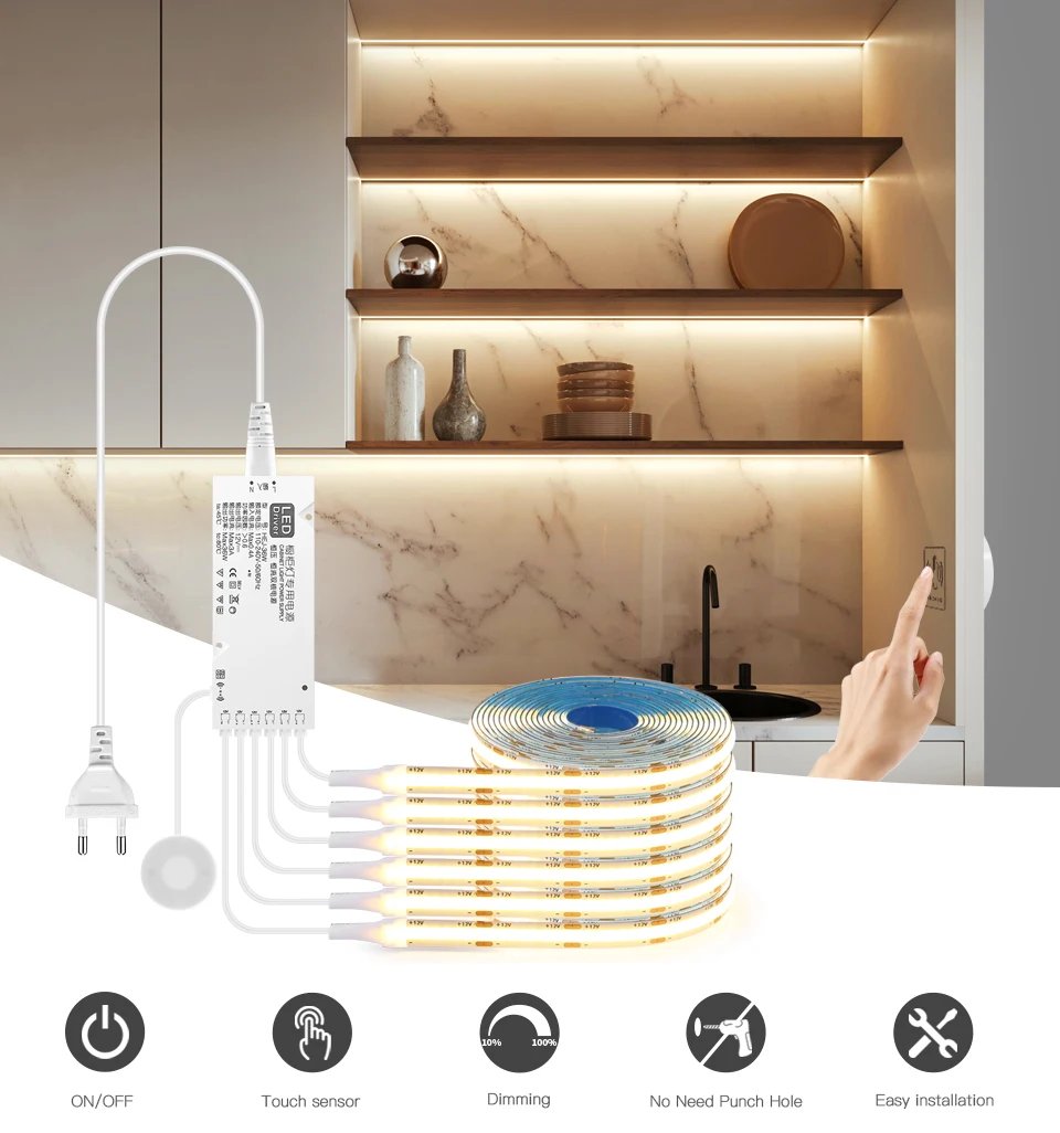 Under Cabinet Collection Display COB LED Strip Light Bookcase Wardrobe Closet Lamp Tape Penetrable Wood Dimmable Touch Sensor Under Cabinet Collection Display COB LED Strip Light Bookcase Wardrobe Closet Lamp Tape Penetrable Wood Dimmable Touch Sensor