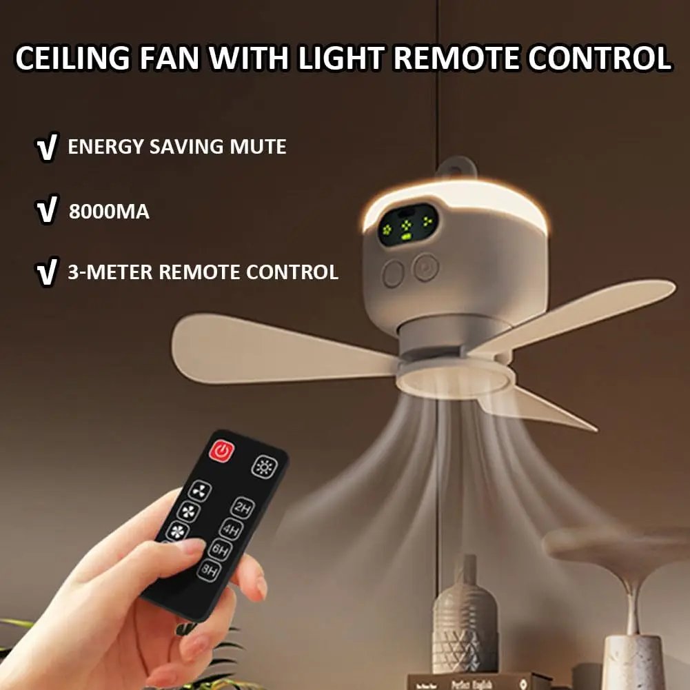 Ceiling Fan Portable Camping Tent Ceiling Canopy Fan 8000mah Rechargeable Wireless Fan Air Circulators with Remote Control Light