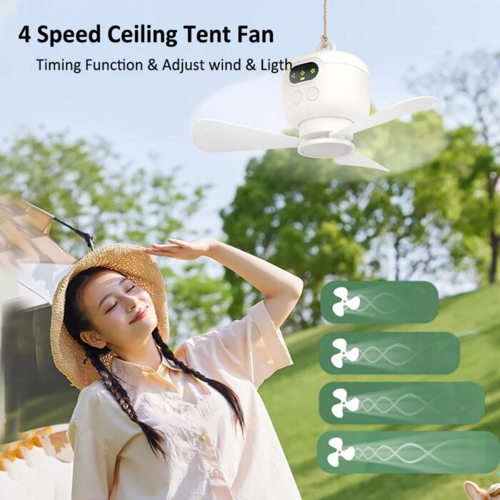 Ceiling Fan Portable Camping Tent Ceiling Canopy Fan 8000mah Rechargeable Wireless Fan Air Circulators with Remote Control Light - Image 2