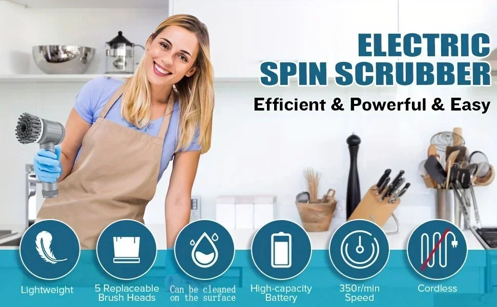 Electric Spin Scrubber Cordless Spin Scrubber with 6 Replaceable Brush Heads Electric Cleaning Brush Cleaning Tools Electric Spin Scrubber Cordless Spin Scrubber with 6 Replaceable Brush Heads Electric Cleaning Brush Cleaning Tools