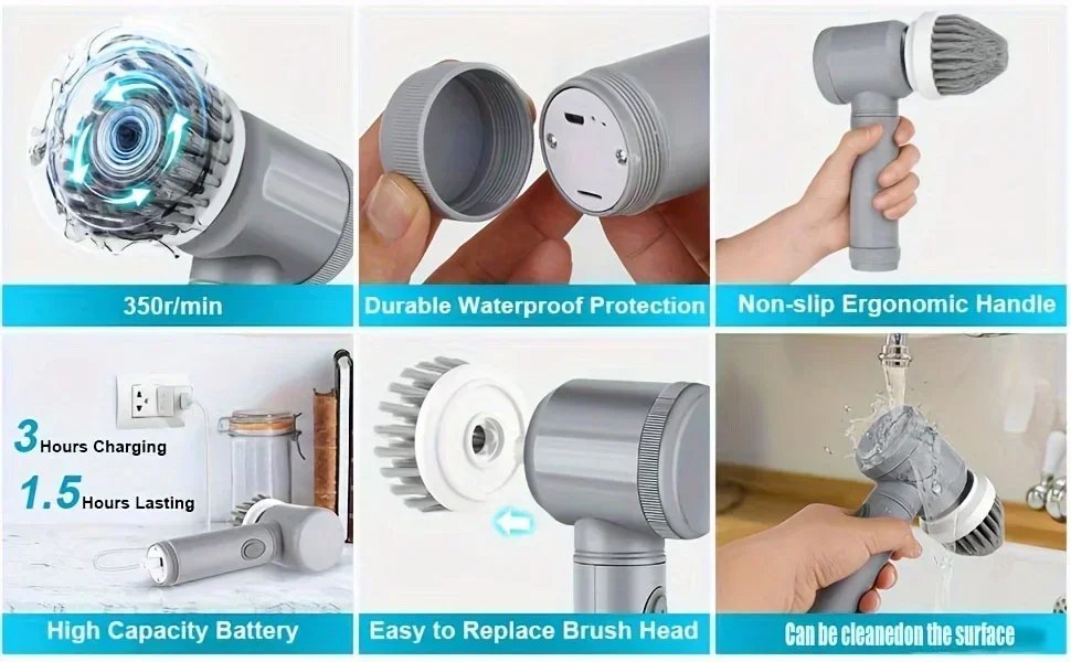 Electric Spin Scrubber Cordless Spin Scrubber with 6 Replaceable Brush Heads Electric Cleaning Brush Cleaning Tools Electric Spin Scrubber Cordless Spin Scrubber with 6 Replaceable Brush Heads Electric Cleaning Brush Cleaning Tools