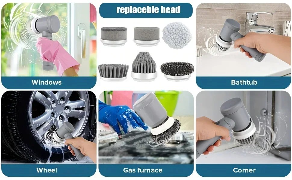 Electric Spin Scrubber Cordless Spin Scrubber with 6 Replaceable Brush Heads Electric Cleaning Brush Cleaning Tools Electric Spin Scrubber Cordless Spin Scrubber with 6 Replaceable Brush Heads Electric Cleaning Brush Cleaning Tools
