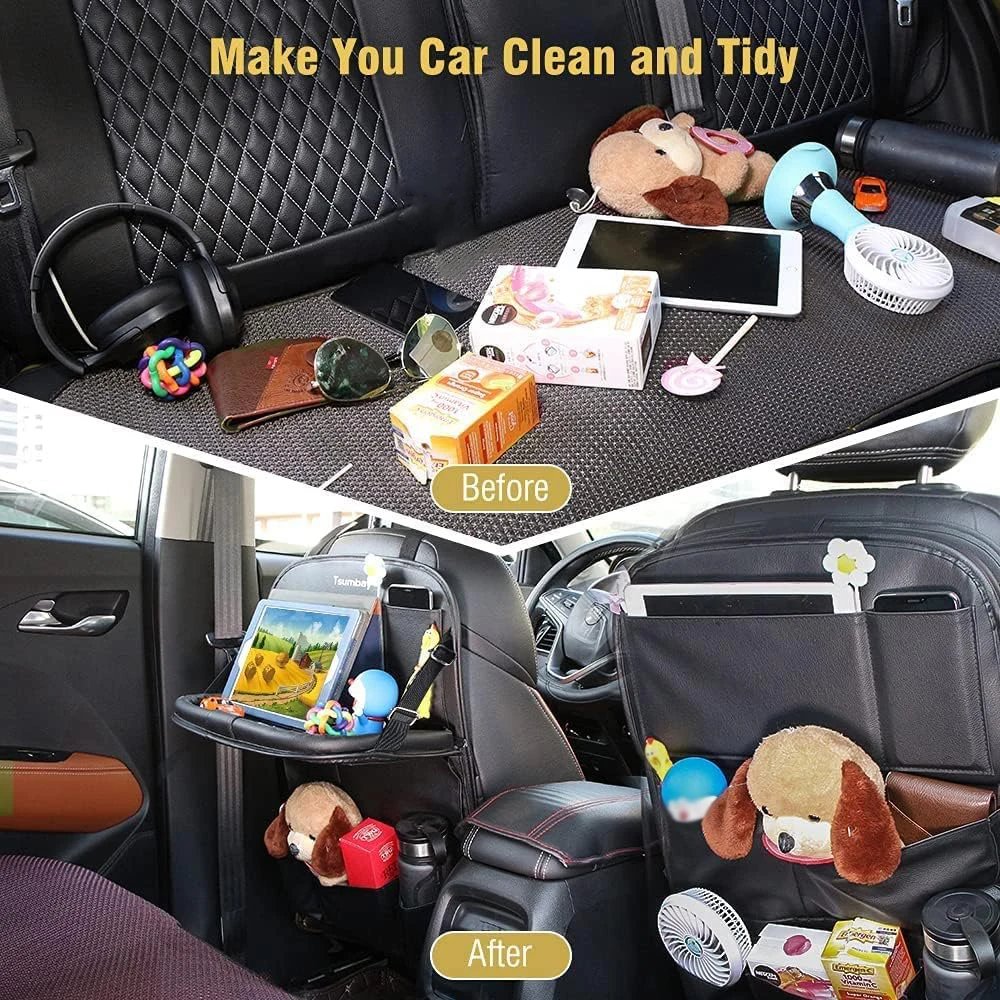 Car Seat Back Organizer with Foldable Table Tray PU Leather Storage Organizer with Pockets Kick Mats Seat Interior Accessories