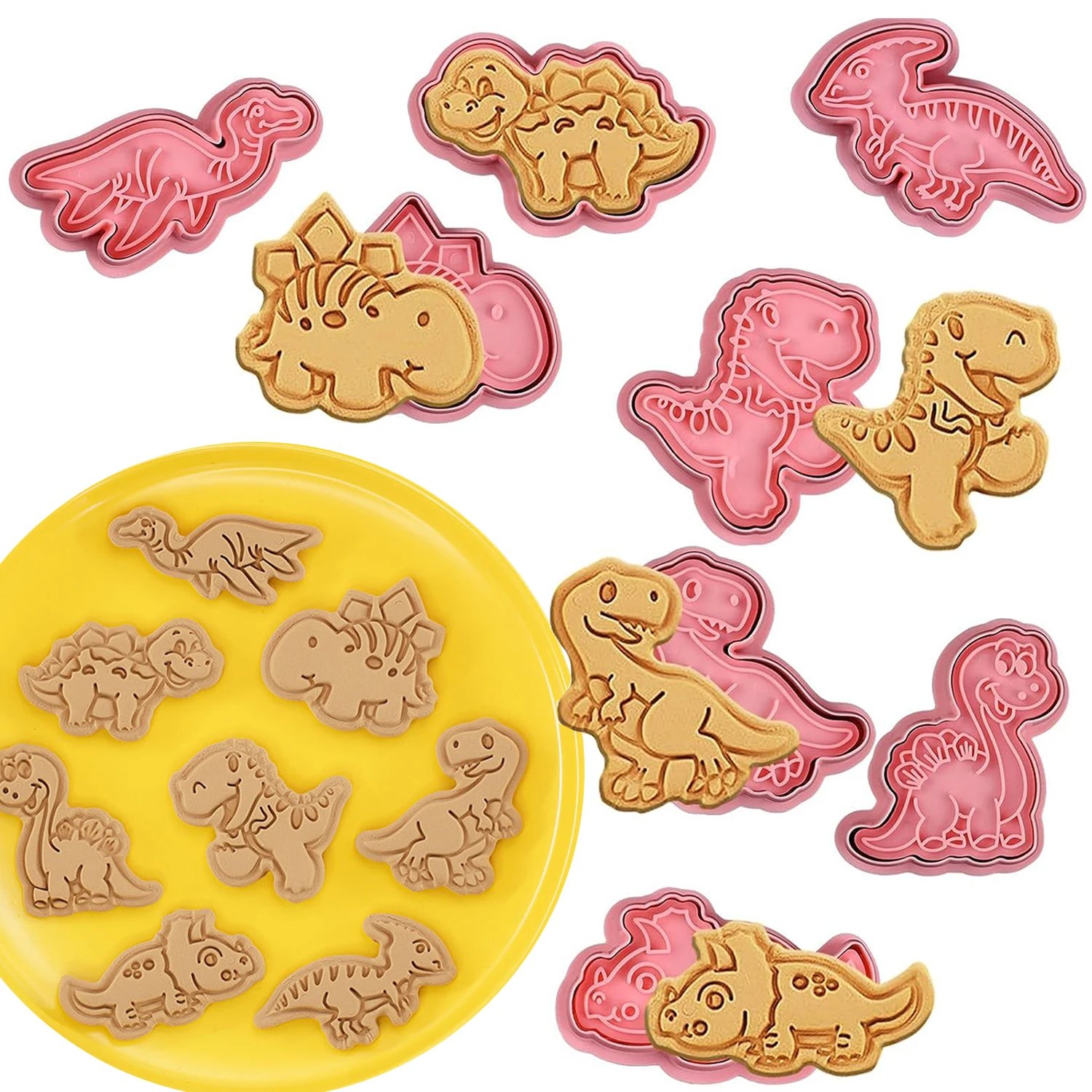 8Pcs Set Cookies Cutters Dinosaur Plastic Cartoon Pressable Biscuit Mold Confectionery Cookie Stamp Baking Pastry Bakeware Tools