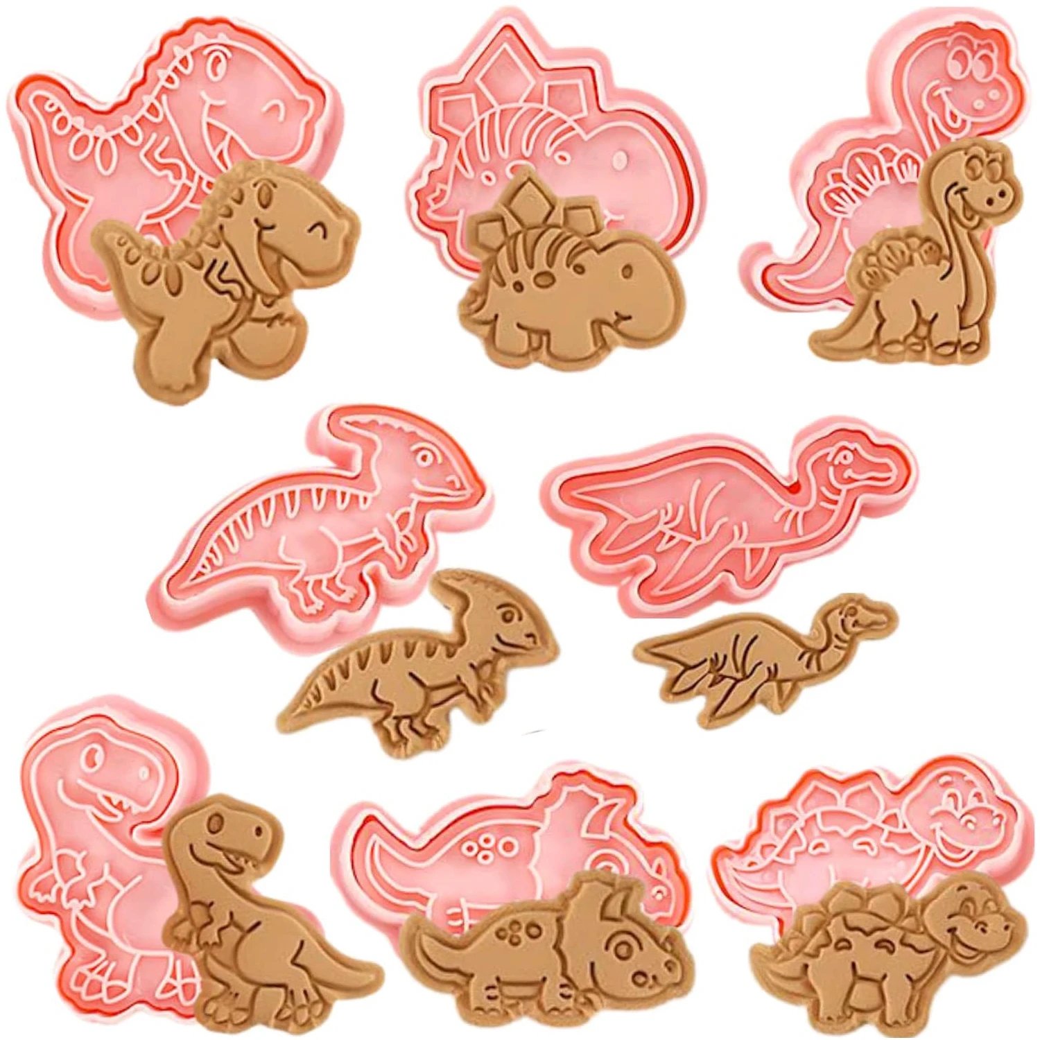 8Pcs Set Cookies Cutters Dinosaur Plastic Cartoon Pressable Biscuit Mold Confectionery Cookie Stamp Baking Pastry Bakeware Tools