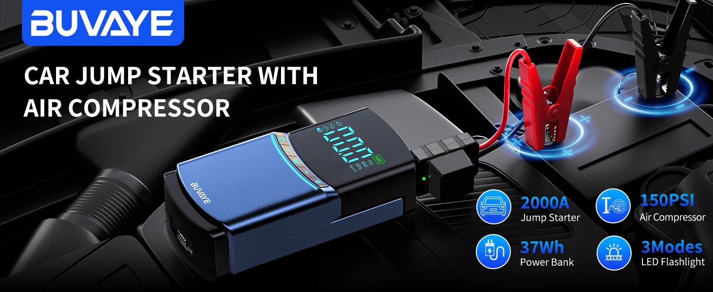 BUVAYE 4 in 1 Car Jump Starter Air Pump 150PSI Tyre Compressor 2000A Starter Device 10000mAh Power bank Digital Inflatable Pump BUVAYE 4 in 1 Car Jump Starter Air Pump 150PSI Tyre Compressor 2000A Starter Device 10000mAh Power bank Digital Inflatable Pump