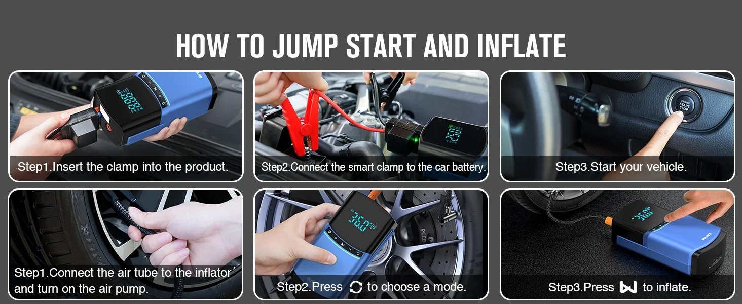 BUVAYE 4 in 1 Car Jump Starter Air Pump 150PSI Tyre Compressor 2000A Starter Device 10000mAh Power bank Digital Inflatable Pump BUVAYE 4 in 1 Car Jump Starter Air Pump 150PSI Tyre Compressor 2000A Starter Device 10000mAh Power bank Digital Inflatable Pump