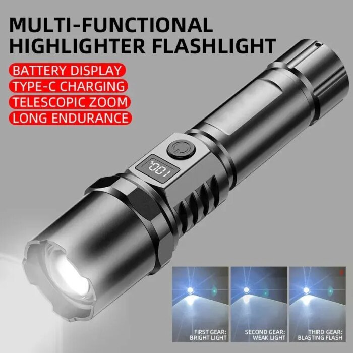 High Power XHP100 Led Flashlight Rechargeable Retractable Flashlight Digital Zoom Usb Hand Light For Camping,Outdoor And Emerge - Image 1