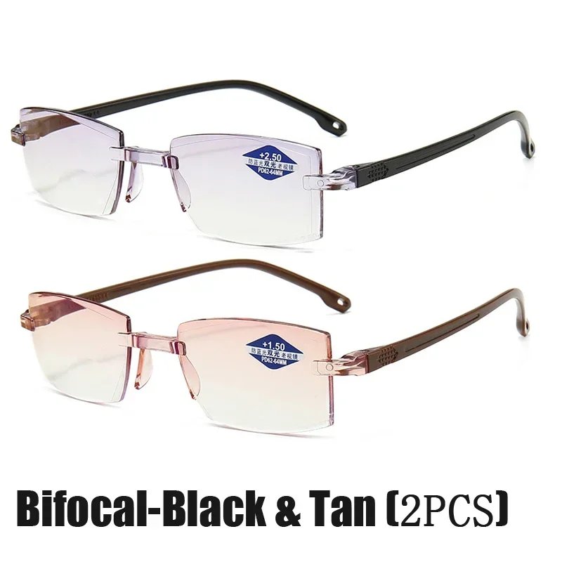 2 Pair New Men Women Rimless Reading Glasses Anti Blue Light Bifocal Far Near Magnification Eyewear Presbyopic Glasses +150 +200