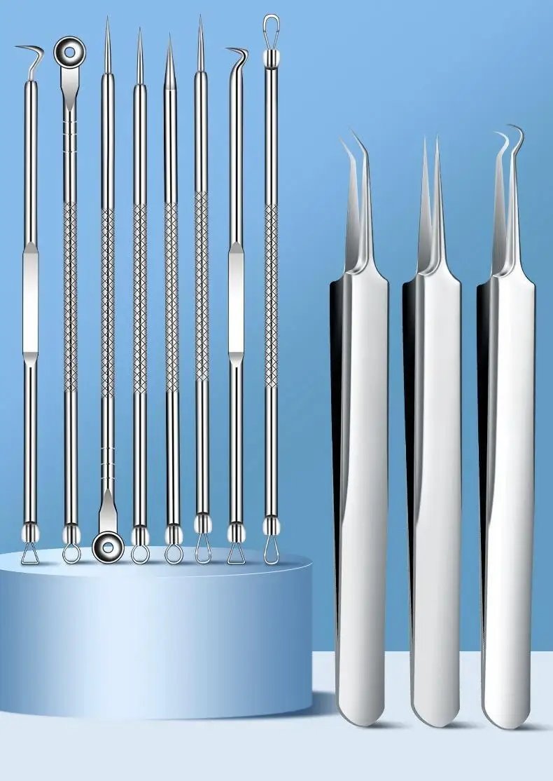 11Pcs Ingrown Hair Tweezers Acne Blackhead Removal Needles Black Dots Cleaner Pore Cleaner Deep Cleansing Face Skin Care Tools