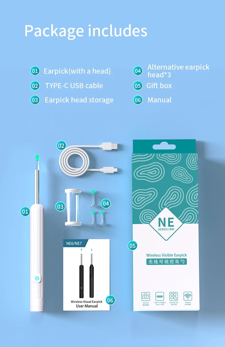 Smart Visual Ear Cleaner with Camera 1296P Ear Sticks USB C Charging Ear Wax Removal Tool WIFI Connection 6 LED Lights Earpick