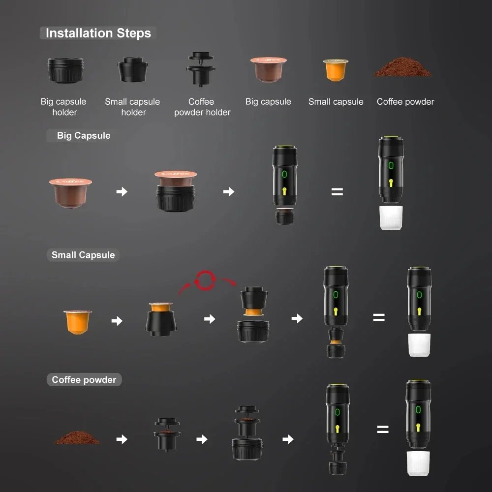 3 in 1 Electric Travel Espresso Machine Heating Water Portable Coffee Maker Compatible with Ground Coffee Small Large Capsules