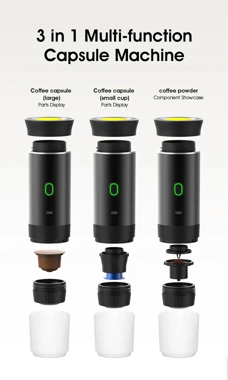 3 in 1 Electric Travel Espresso Machine Heating Water Portable Coffee Maker Compatible with Ground Coffee Small Large Capsules