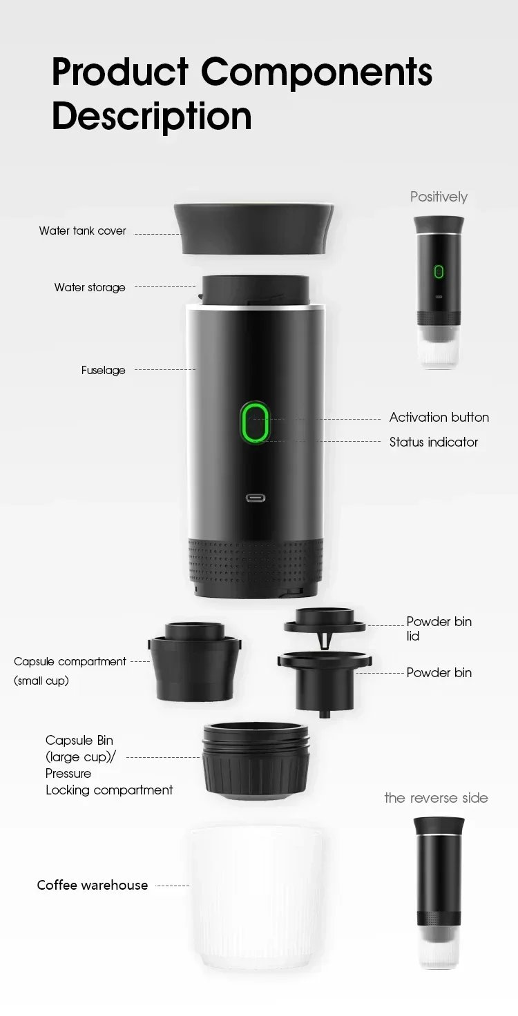 3 in 1 Electric Travel Espresso Machine Heating Water Portable Coffee Maker Compatible with Ground Coffee Small Large Capsules