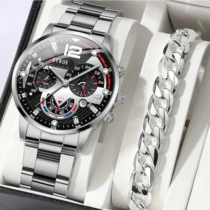 2pcs Luxury Mens Silver Quartz Watch With Stainless Steel Bracelet Men Fashion Business Casual Watch Luminous Clock - Image 1
