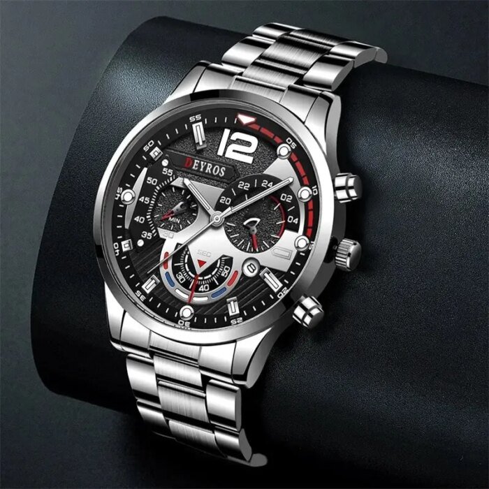 2pcs Luxury Mens Silver Quartz Watch With Stainless Steel Bracelet Men Fashion Business Casual Watch Luminous Clock - Image 4