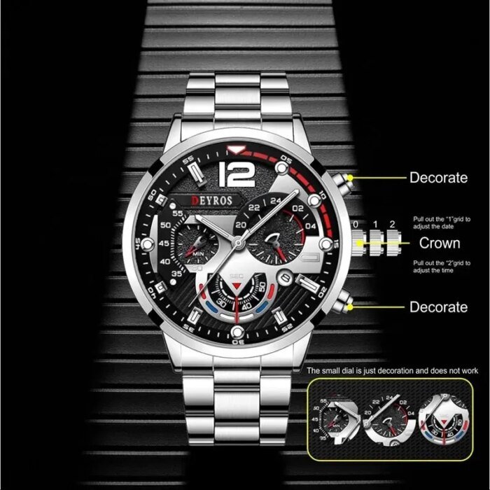 2pcs Luxury Mens Silver Quartz Watch With Stainless Steel Bracelet Men Fashion Business Casual Watch Luminous Clock - Image 2