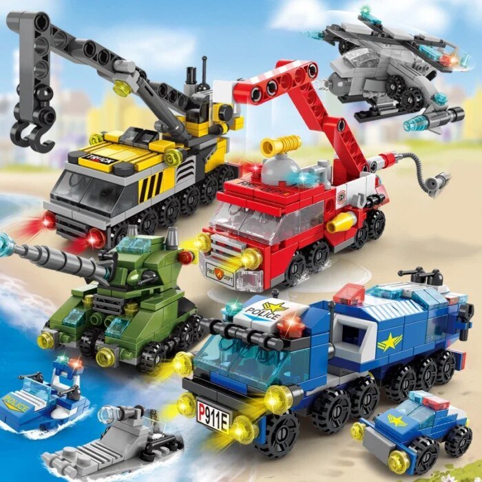City Fire Car Building Blocks for Children, Police Truck, Engineering Crane, Tank, Helicopter Bricks Set Toys for Kids, 6in 1 - Image 1