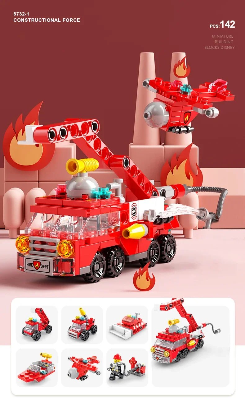 City Fire Car Building Blocks for Children, Police Truck, Engineering Crane, Tank, Helicopter Bricks Set Toys for Kids, 6in 1