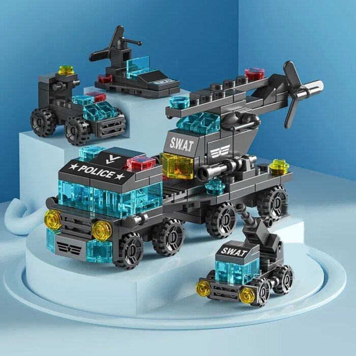 City Fire Car Building Blocks for Children, Police Truck, Engineering Crane, Tank, Helicopter Bricks Set Toys for Kids, 6in 1 - Image 4