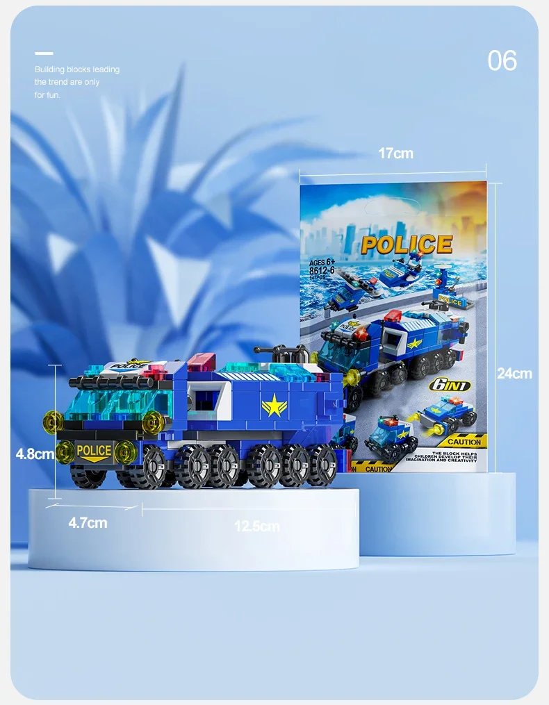 City Fire Car Building Blocks for Children, Police Truck, Engineering Crane, Tank, Helicopter Bricks Set Toys for Kids, 6in 1