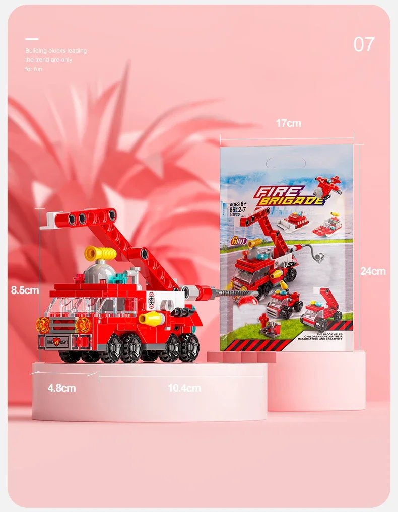 City Fire Car Building Blocks for Children, Police Truck, Engineering Crane, Tank, Helicopter Bricks Set Toys for Kids, 6in 1