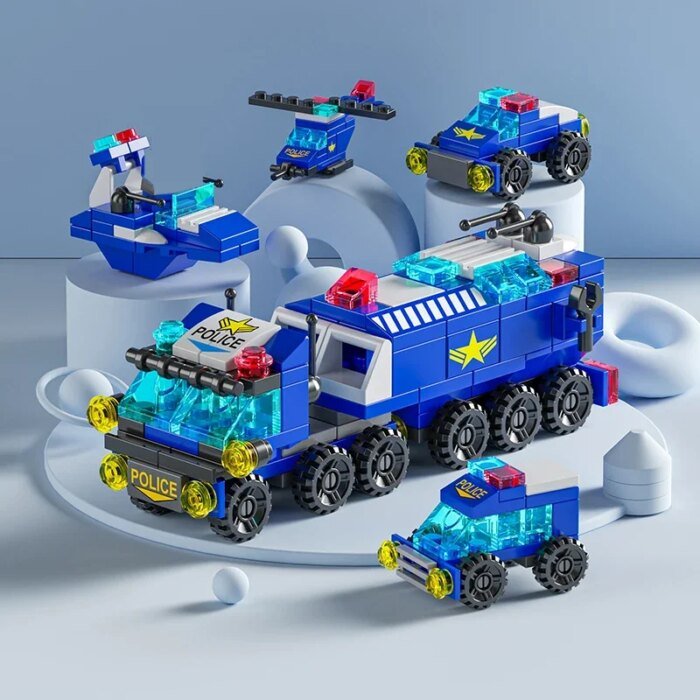 City Fire Car Building Blocks for Children, Police Truck, Engineering Crane, Tank, Helicopter Bricks Set Toys for Kids, 6in 1 - Image 2