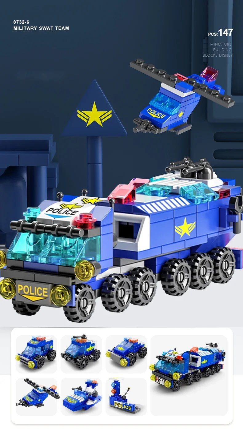 City Fire Car Building Blocks for Children, Police Truck, Engineering Crane, Tank, Helicopter Bricks Set Toys for Kids, 6in 1