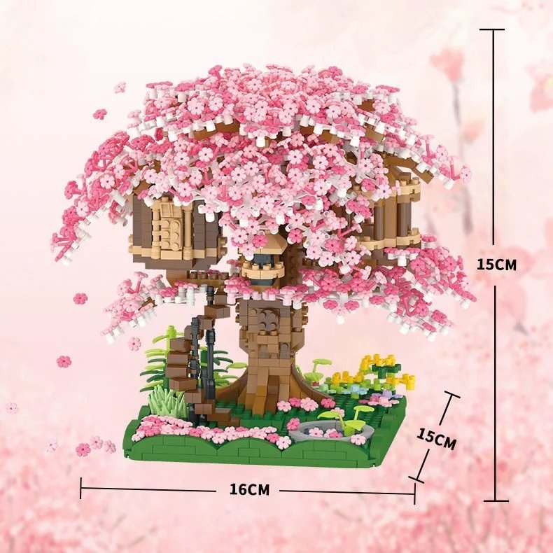 Mini Sakura Tree Building Blocks Set Diy Cherry Blossom Bricks with Light Treehouse Model Ornament Romantic Gift for Girlfriend