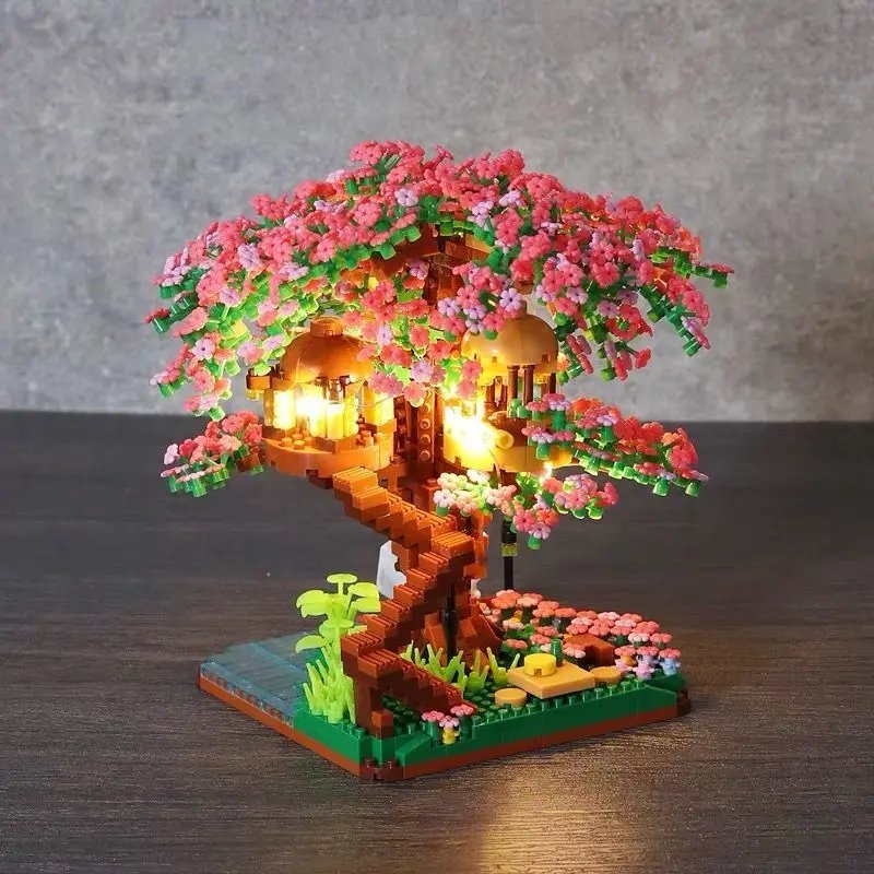 Mini Sakura Tree Building Blocks Set Diy Cherry Blossom Bricks with Light Treehouse Model Ornament Romantic Gift for Girlfriend