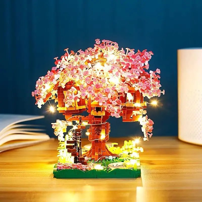 Mini Sakura Tree Building Blocks Set Diy Cherry Blossom Bricks with Light Treehouse Model Ornament Romantic Gift for Girlfriend
