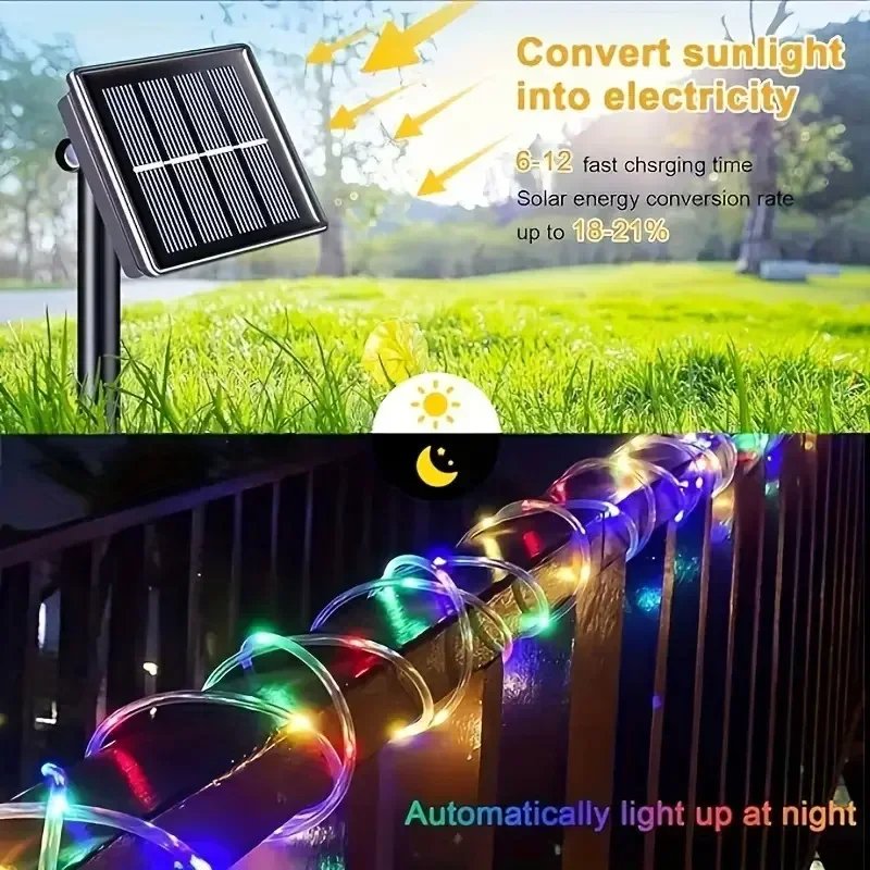 LED Solar String Lights Garden Waterproof Tube Rope Lamp Christmas Garland Fairy Lights For Outdoor Holiday Decoration Lighting