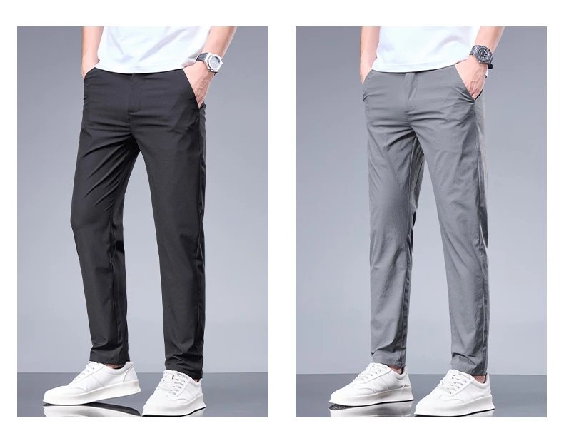 Summer New Business Ice Silk Pants Straight Elastic Waist Black Gray Trousers Breathable Simple Male Clothing Casual Suit Pants