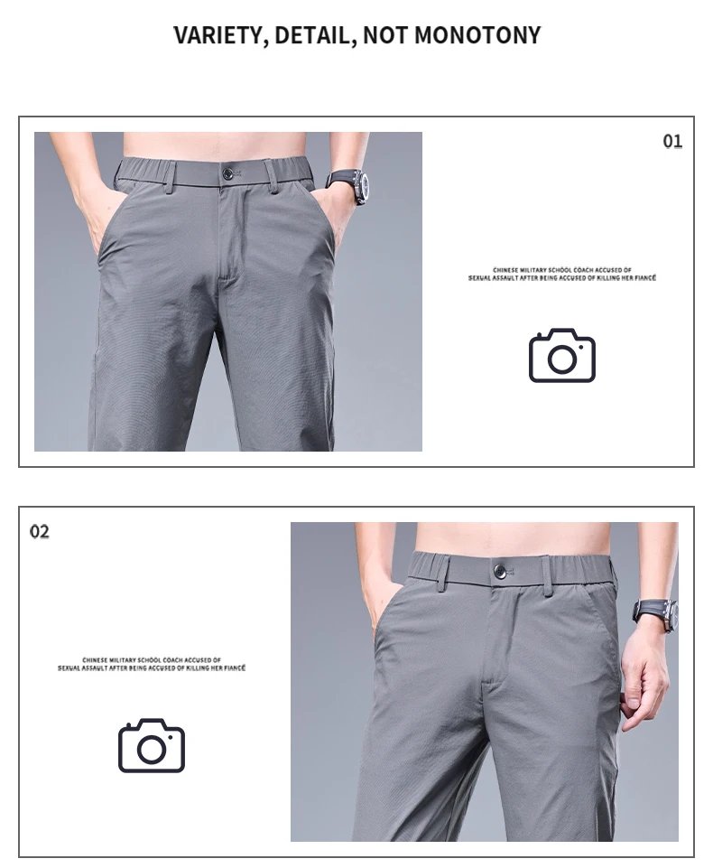 Summer New Business Ice Silk Pants Straight Elastic Waist Black Gray Trousers Breathable Simple Male Clothing Casual Suit Pants