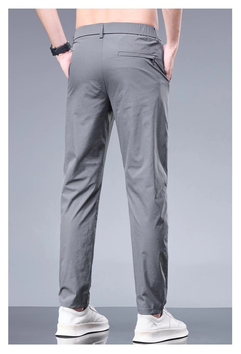 Summer New Business Ice Silk Pants Straight Elastic Waist Black Gray Trousers Breathable Simple Male Clothing Casual Suit Pants