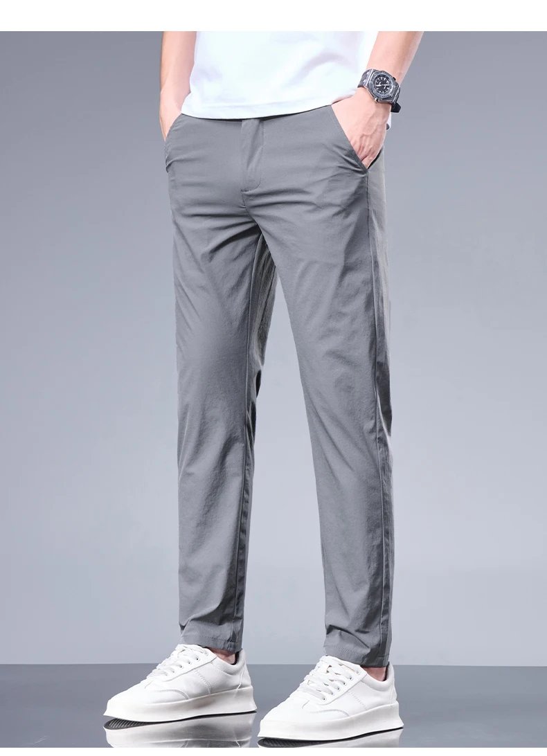 Summer New Business Ice Silk Pants Straight Elastic Waist Black Gray Trousers Breathable Simple Male Clothing Casual Suit Pants