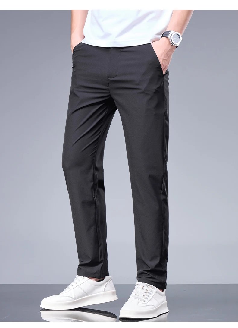 Summer New Business Ice Silk Pants Straight Elastic Waist Black Gray Trousers Breathable Simple Male Clothing Casual Suit Pants