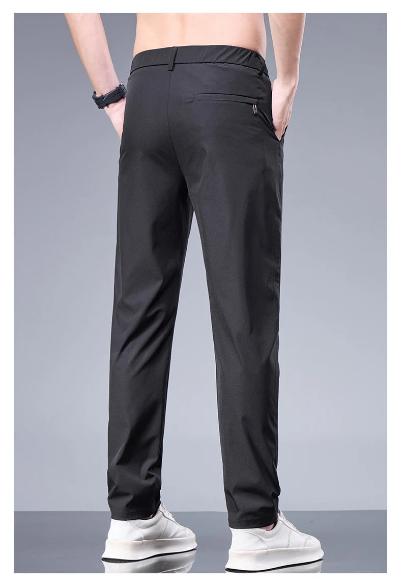 Summer New Business Ice Silk Pants Straight Elastic Waist Black Gray Trousers Breathable Simple Male Clothing Casual Suit Pants