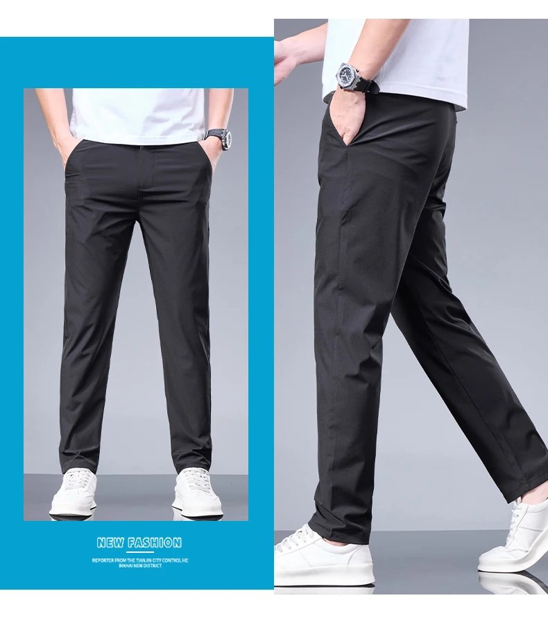 Summer New Business Ice Silk Pants Straight Elastic Waist Black Gray Trousers Breathable Simple Male Clothing Casual Suit Pants