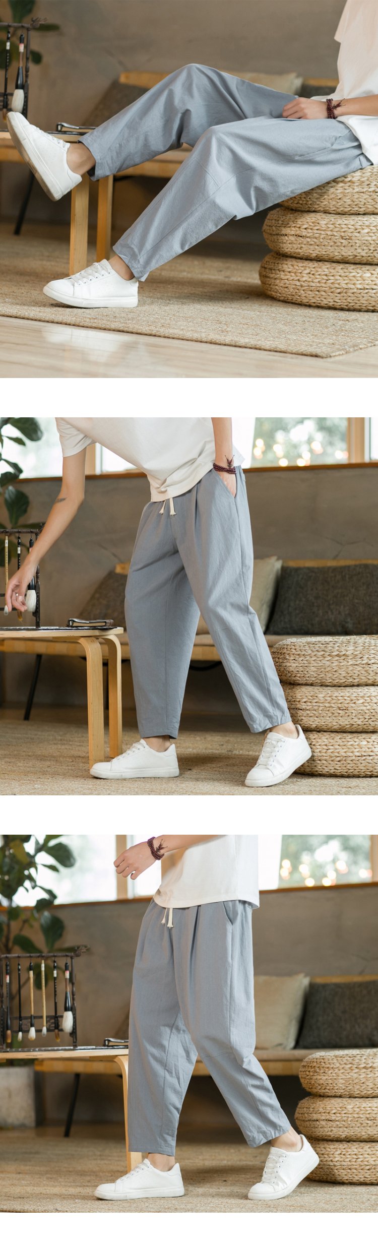 Men's Trousers Cotton Linen Fashion Casual Pants Solid Color Breathable Loose Shorts Straight Drawstring Pants Streetwear Men