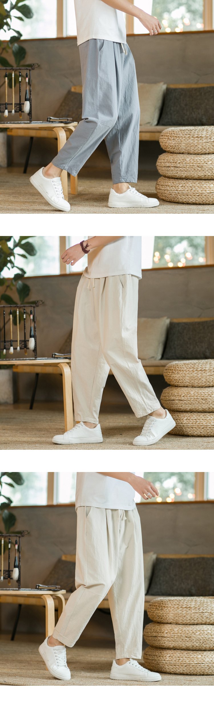 Men's Trousers Cotton Linen Fashion Casual Pants Solid Color Breathable Loose Shorts Straight Drawstring Pants Streetwear Men