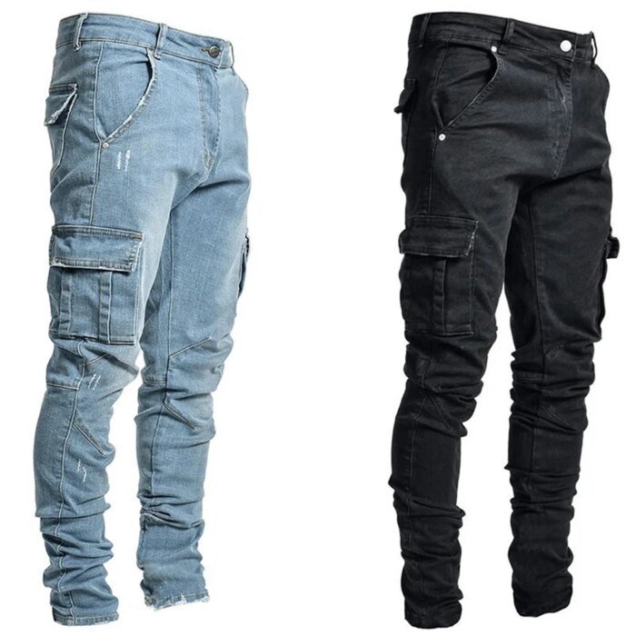 Fashion Streetwear Ripped Skinny Jeans Men Side Mulit Pockets Denim Cargo Pants Slim Fit Pantalones Hombre Soft Elastic Joggers - Image 5