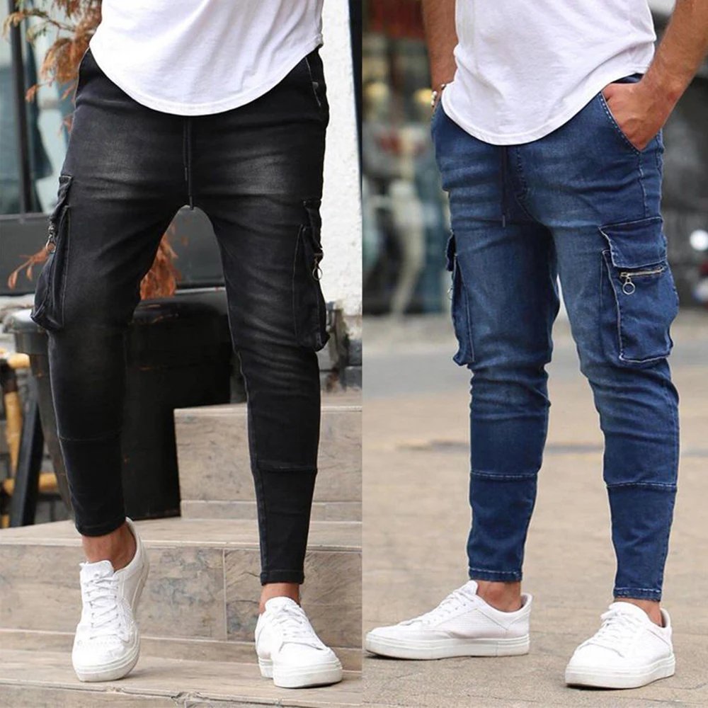 Fashion Streetwear Ripped Skinny Jeans Men Side Mulit Pockets Denim Cargo Pants Slim Fit Pantalones Hombre Soft Elastic Joggers Fashion Streetwear Ripped Skinny Jeans Men Side Mulit Pockets Denim Cargo Pants Slim Fit Pantalones Hombre Soft Elastic Joggers
