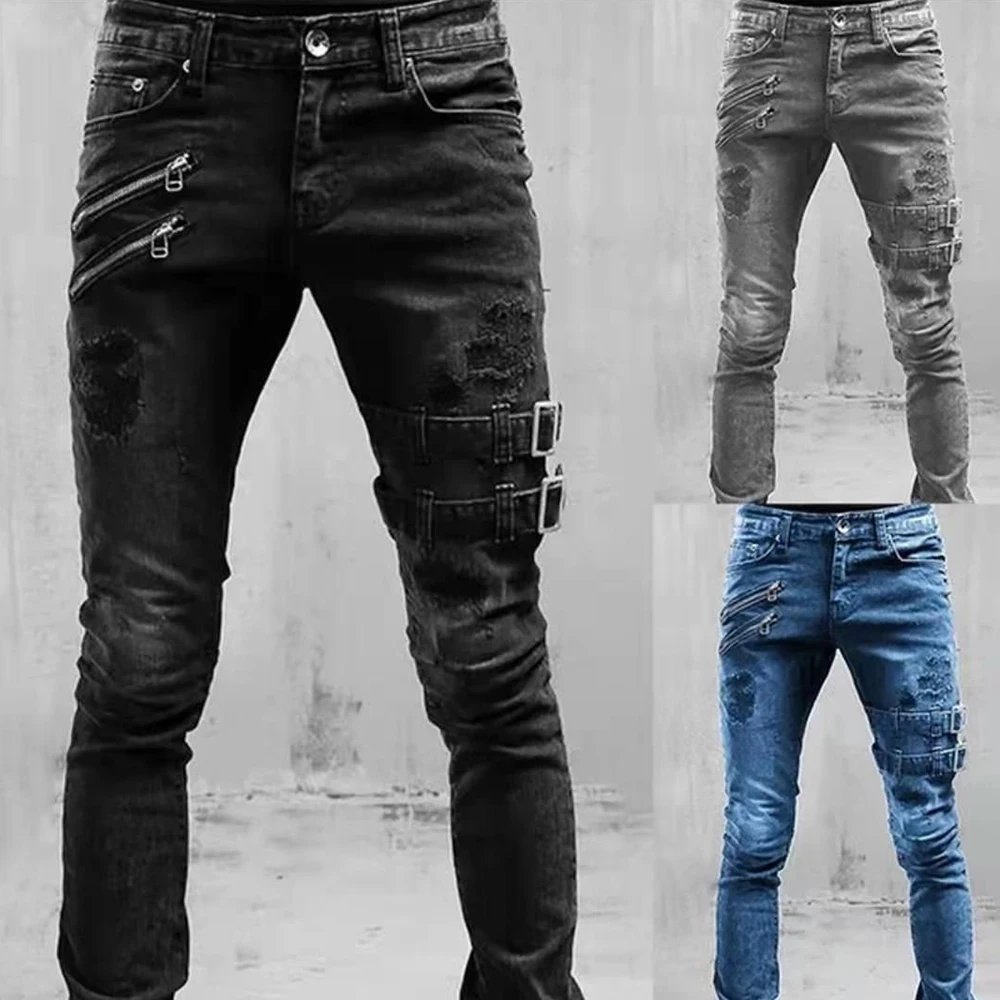Fashion Streetwear Ripped Skinny Jeans Men Side Mulit Pockets Denim Cargo Pants Slim Fit Pantalones Hombre Soft Elastic Joggers Fashion Streetwear Ripped Skinny Jeans Men Side Mulit Pockets Denim Cargo Pants Slim Fit Pantalones Hombre Soft Elastic Joggers