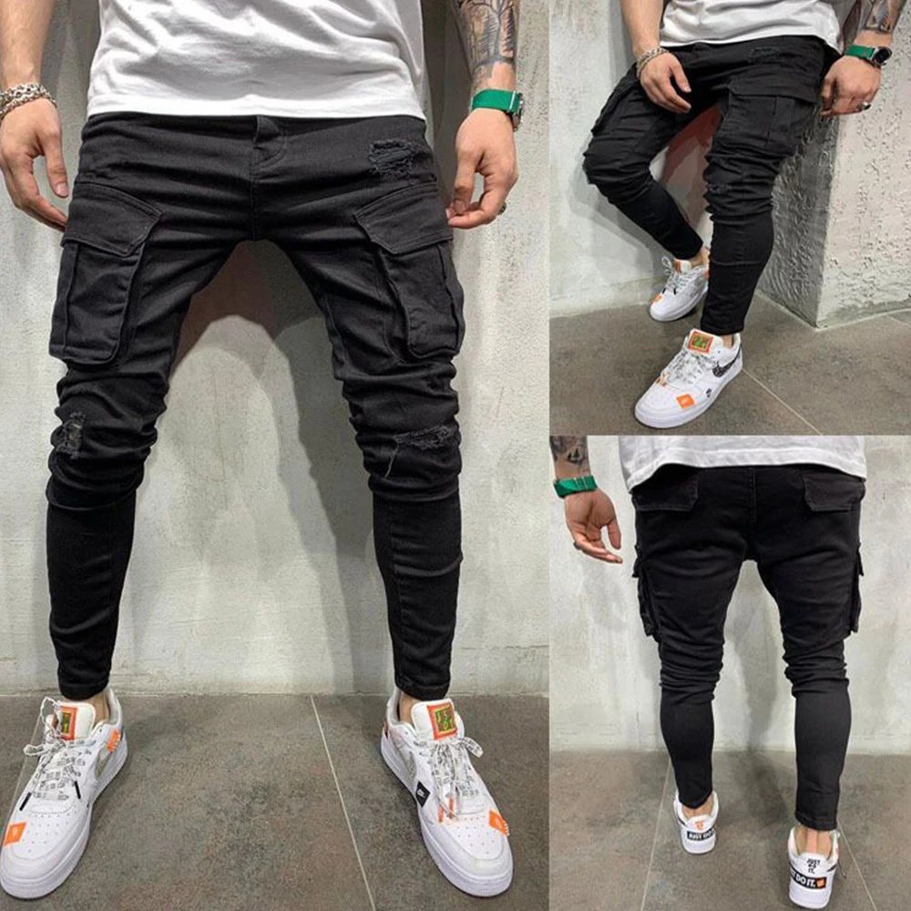 Fashion Streetwear Ripped Skinny Jeans Men Side Mulit Pockets Denim Cargo Pants Slim Fit Pantalones Hombre Soft Elastic Joggers Fashion Streetwear Ripped Skinny Jeans Men Side Mulit Pockets Denim Cargo Pants Slim Fit Pantalones Hombre Soft Elastic Joggers