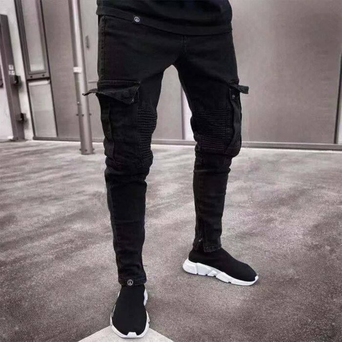 Fashion Streetwear Ripped Skinny Jeans Men Side Mulit Pockets Denim Cargo Pants Slim Fit Pantalones Hombre Soft Elastic Joggers - Image 2