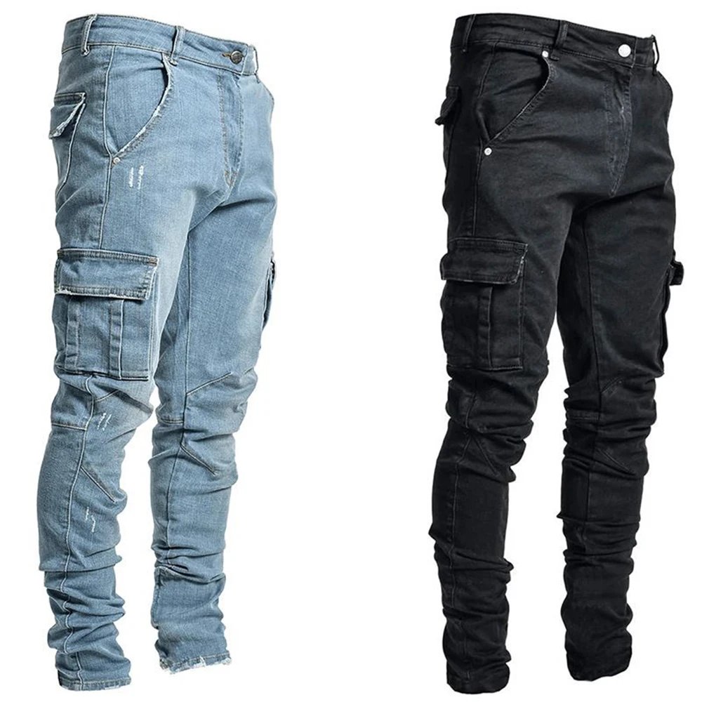 Fashion Streetwear Ripped Skinny Jeans Men Side Mulit Pockets Denim Cargo Pants Slim Fit Pantalones Hombre Soft Elastic Joggers Fashion Streetwear Ripped Skinny Jeans Men Side Mulit Pockets Denim Cargo Pants Slim Fit Pantalones Hombre Soft Elastic Joggers