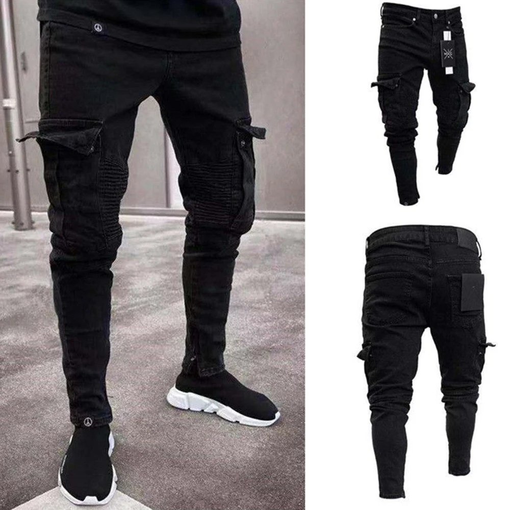 Fashion Streetwear Ripped Skinny Jeans Men Side Mulit Pockets Denim Cargo Pants Slim Fit Pantalones Hombre Soft Elastic Joggers Fashion Streetwear Ripped Skinny Jeans Men Side Mulit Pockets Denim Cargo Pants Slim Fit Pantalones Hombre Soft Elastic Joggers